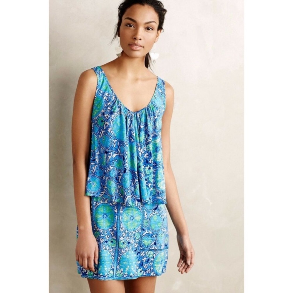 Plenty Tracy Reese Blue Tiered Tides Print V Neck Dress
